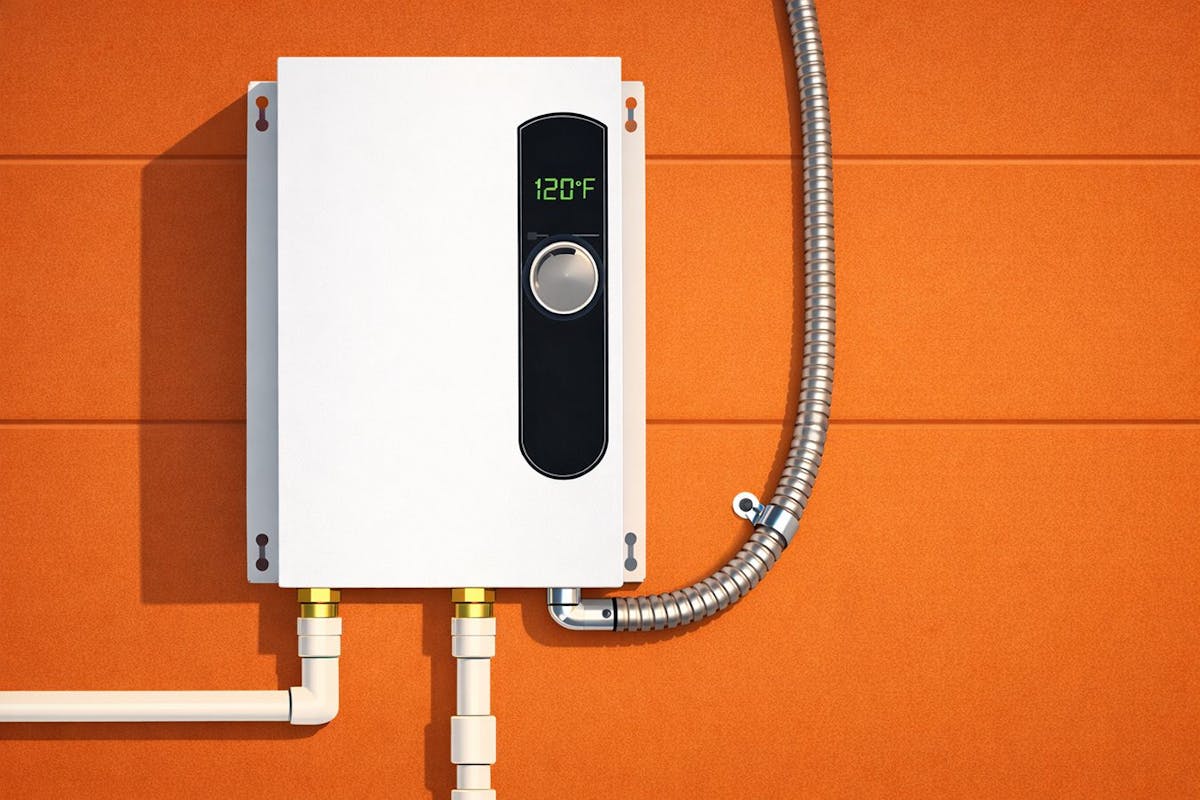 An illustration of a tankless electric water heater.