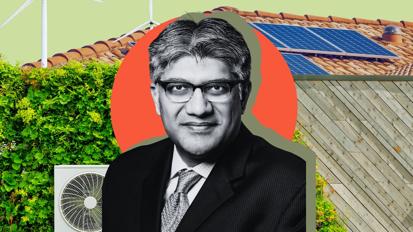 A digital collage featuring Jigar Shah's head shot, a heat pump, and roof top solar.