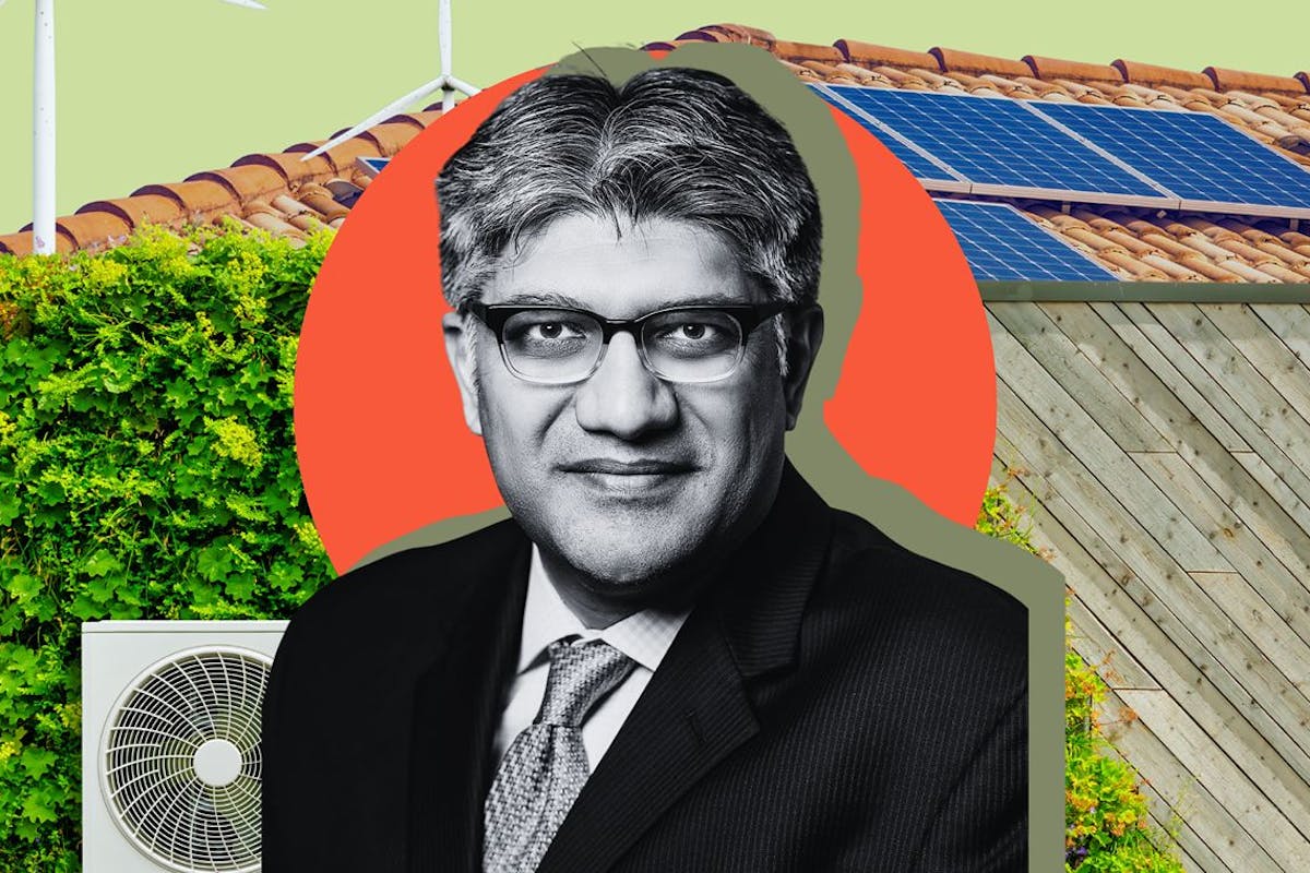 A digital collage featuring Jigar Shah's head shot, a heat pump, and roof top solar.