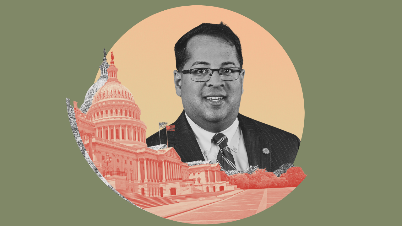 A digital collage with Neil Chatterjee and the US Capitol.
