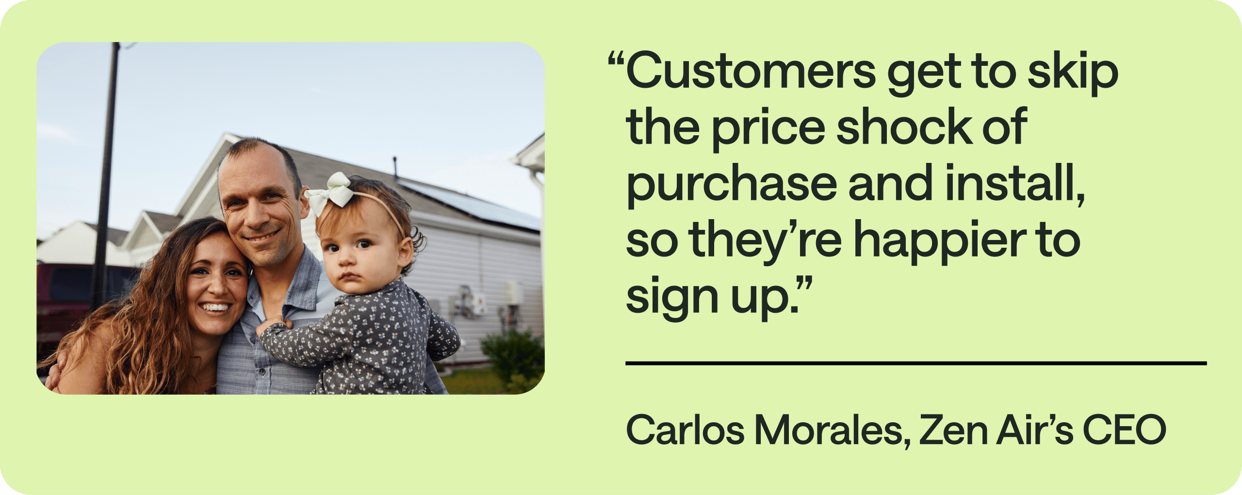 A pull quote from Carlos Morales, Zen Air's CEO, with an image of a family in front of a house.