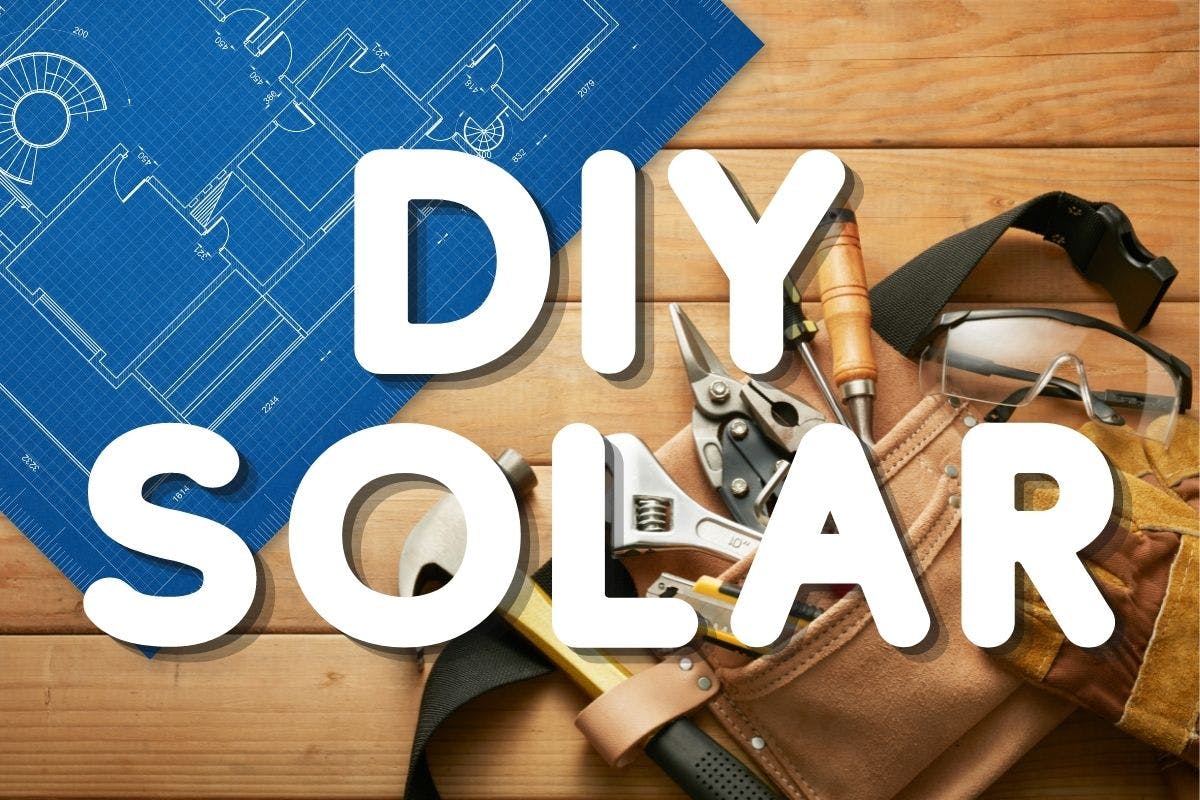 The words "DIY Solar" rest atop an image of a tool belt and blueprints on a wooden table.