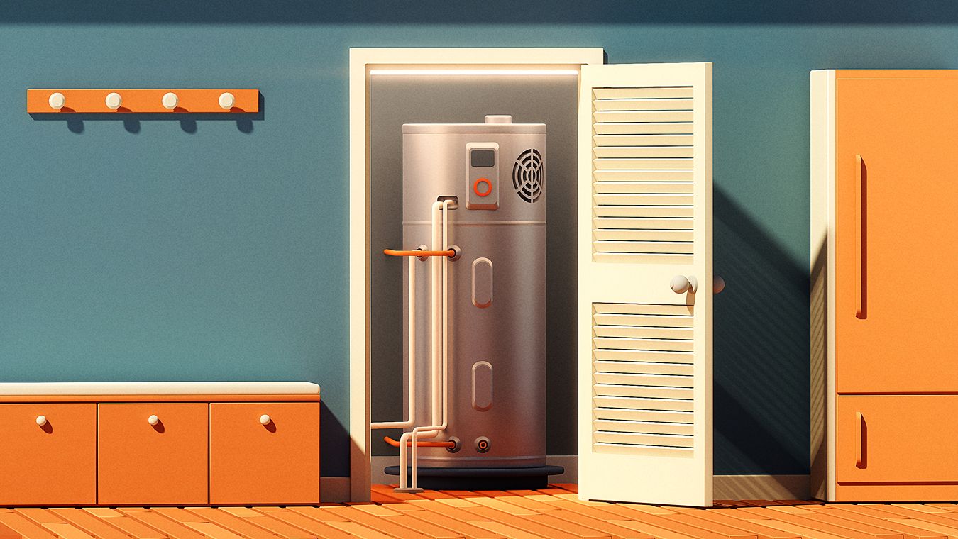 An illustration showing a heat pump water heater in a utility closet.