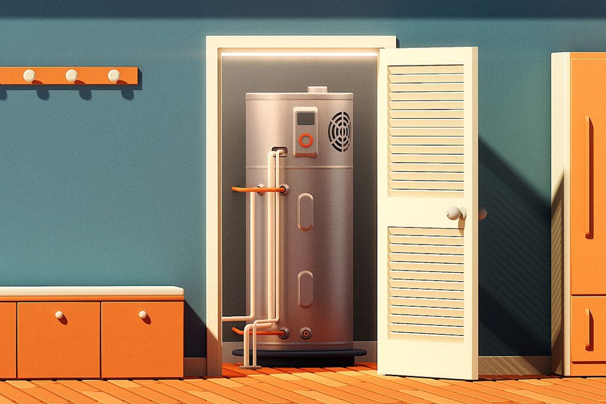 An illustration showing a heat pump water heater in a utility closet.