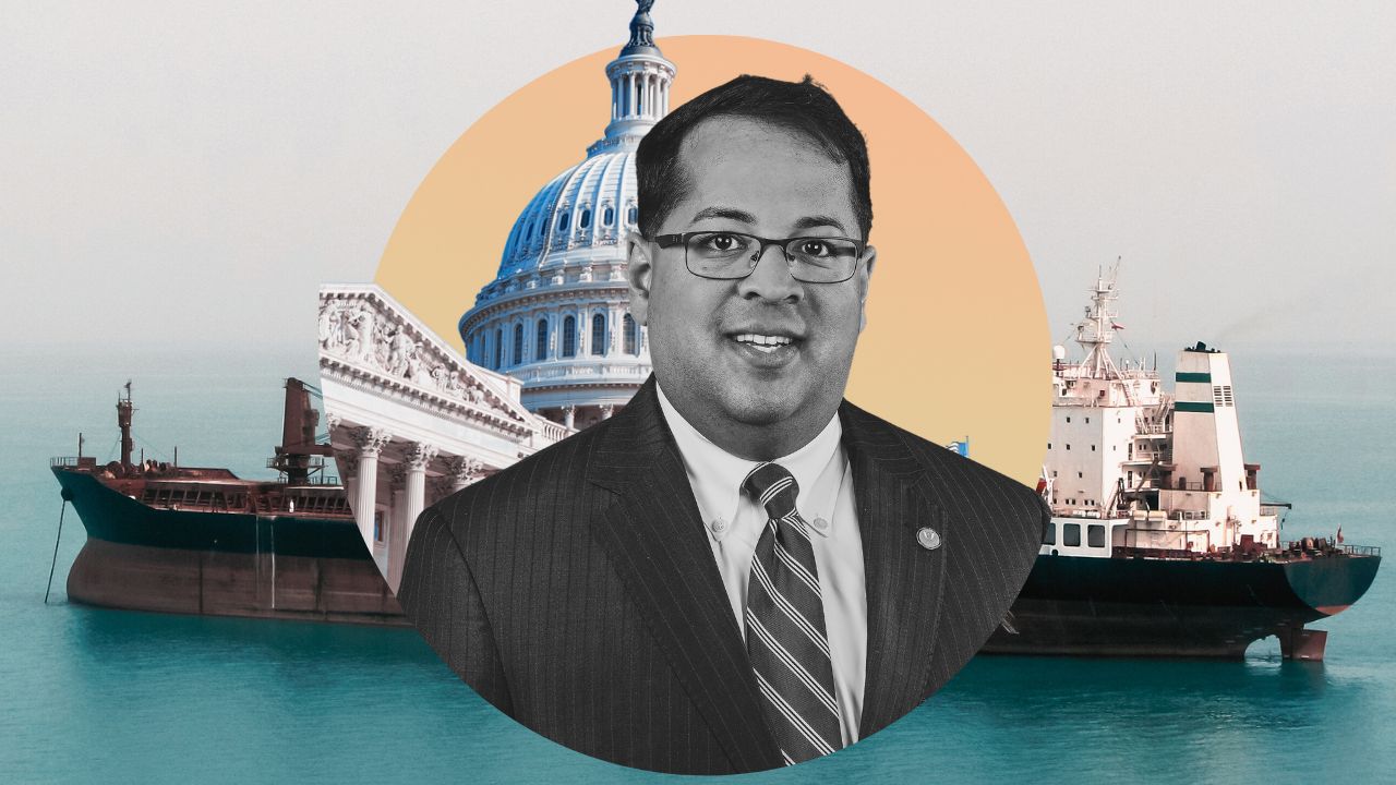 A digital collage showing Neil Chatterjee, the US Capitol, and a large cargo ship.