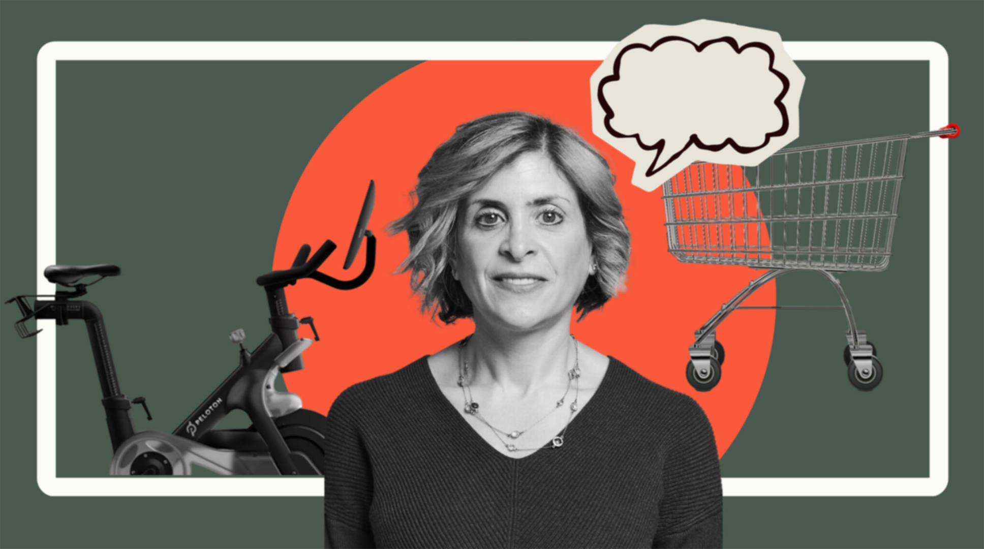 A digital collage showing Liz Coddington and an exercise bike and shopping cart, representing her previous work.