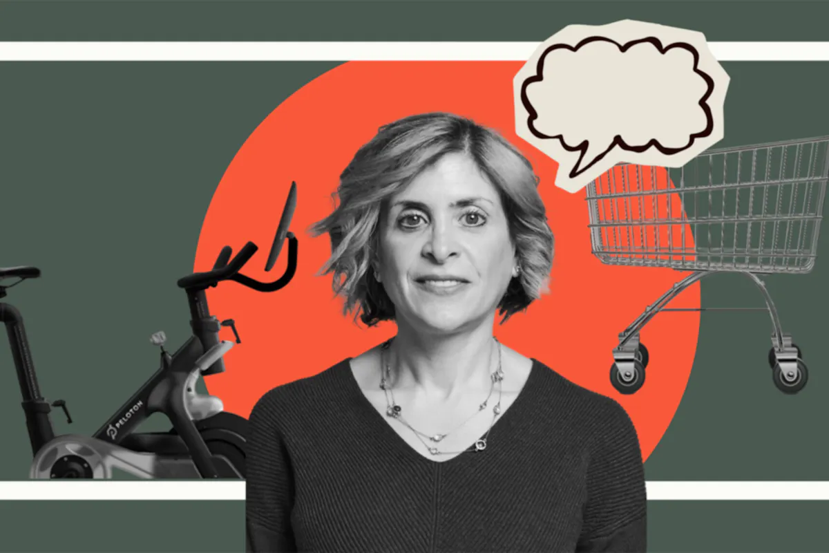 A digital collage showing Liz Coddington and an exercise bike and shopping cart, representing her previous work.