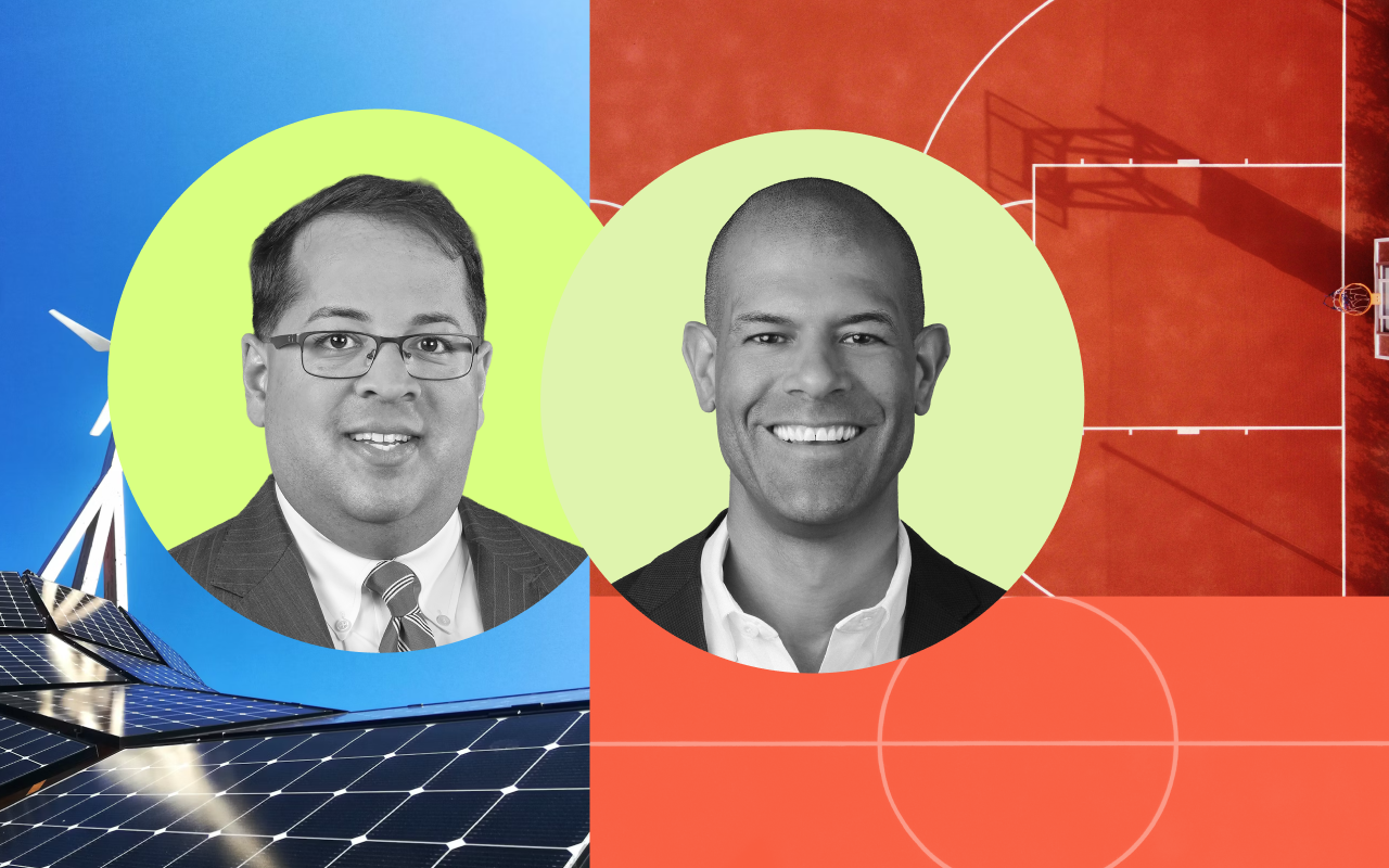A digital collage showing Neil Chatterjee, Shane Battier, and images representing clean energy and basketball
