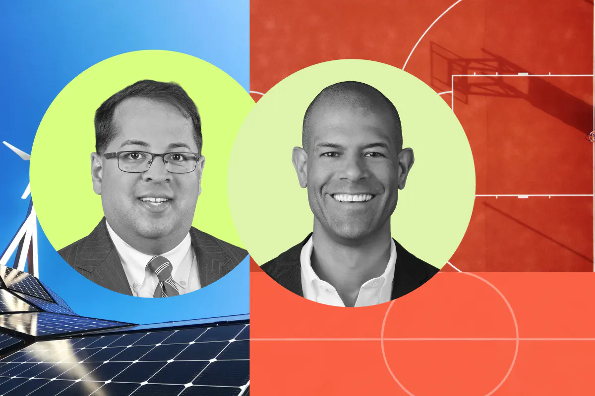 A digital collage showing Neil Chatterjee, Shane Battier, and images representing clean energy and basketball