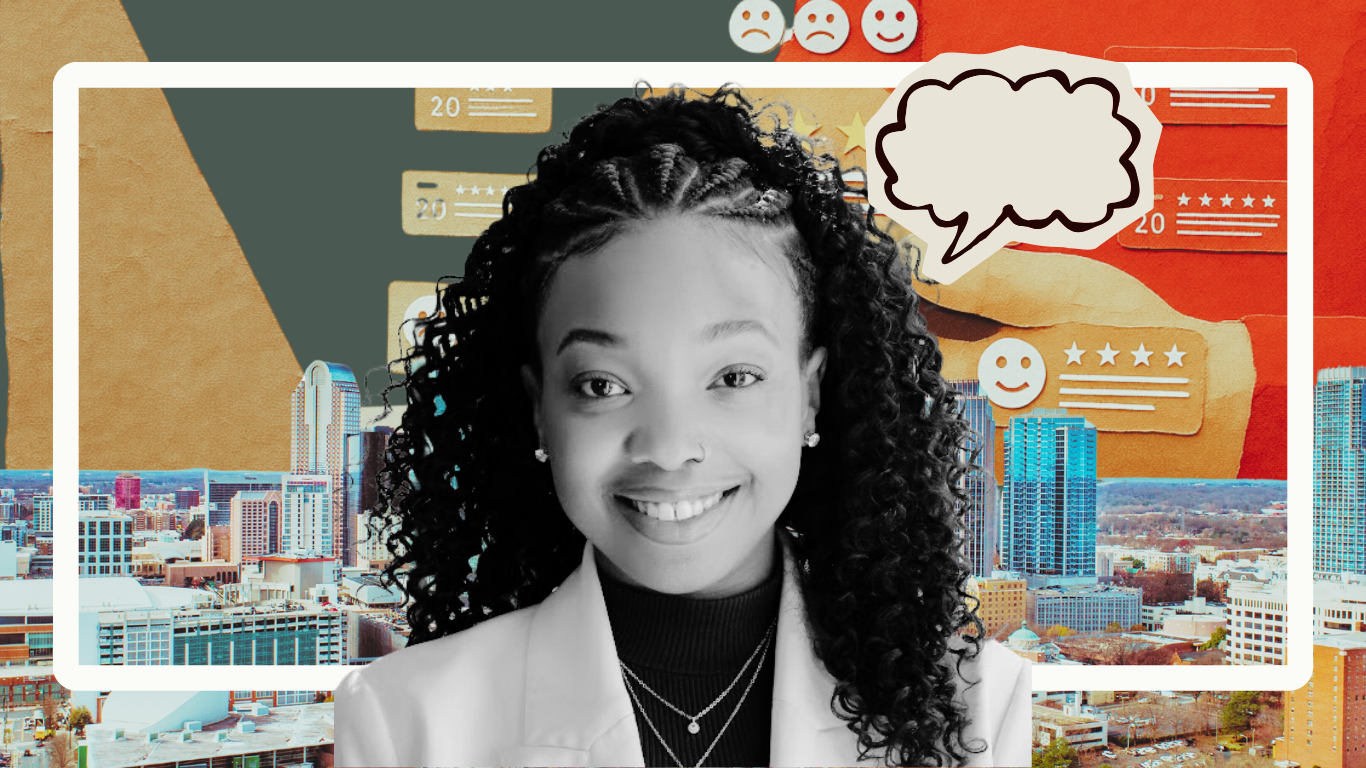 A digital collage featuring Erica Lawrence, the city of Charlotte, and images representing customer satisfaction.