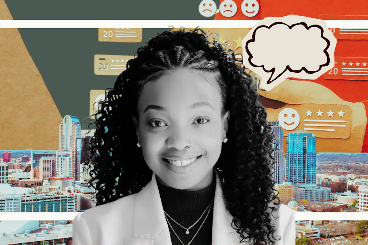 A digital collage featuring Erica Lawrence, the city of Charlotte, and images representing customer satisfaction.