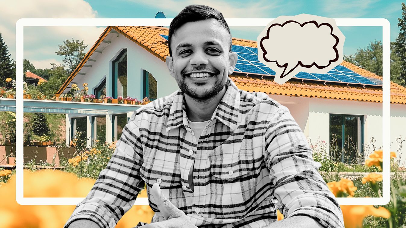 A digital collage featuring Sai Kosgi and a home with solar panels.