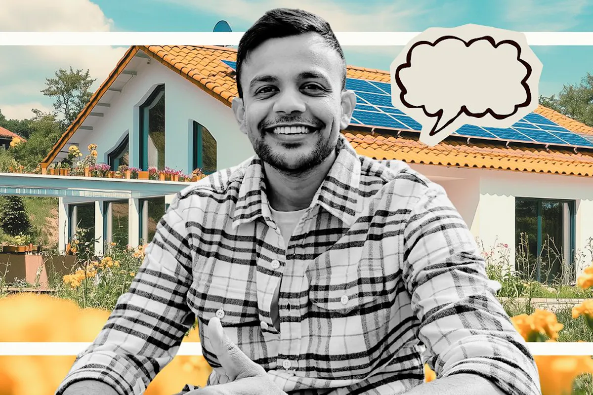 A digital collage featuring Sai Kosgi and a home with solar panels.