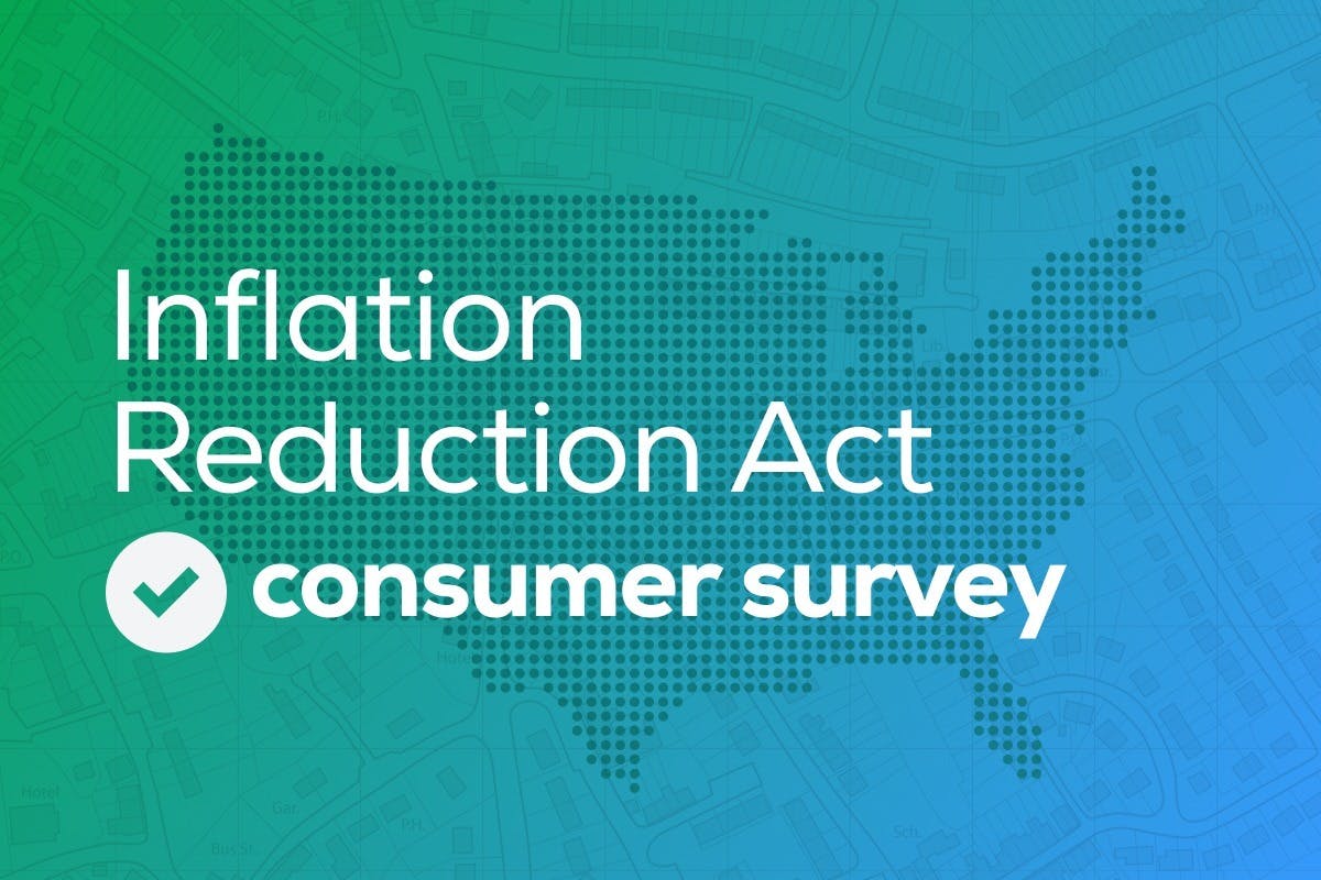 An illustration containing the words "Inflation Reduction Act consumer survey" with a silhouette of the contiguous United States on a blue-green background.