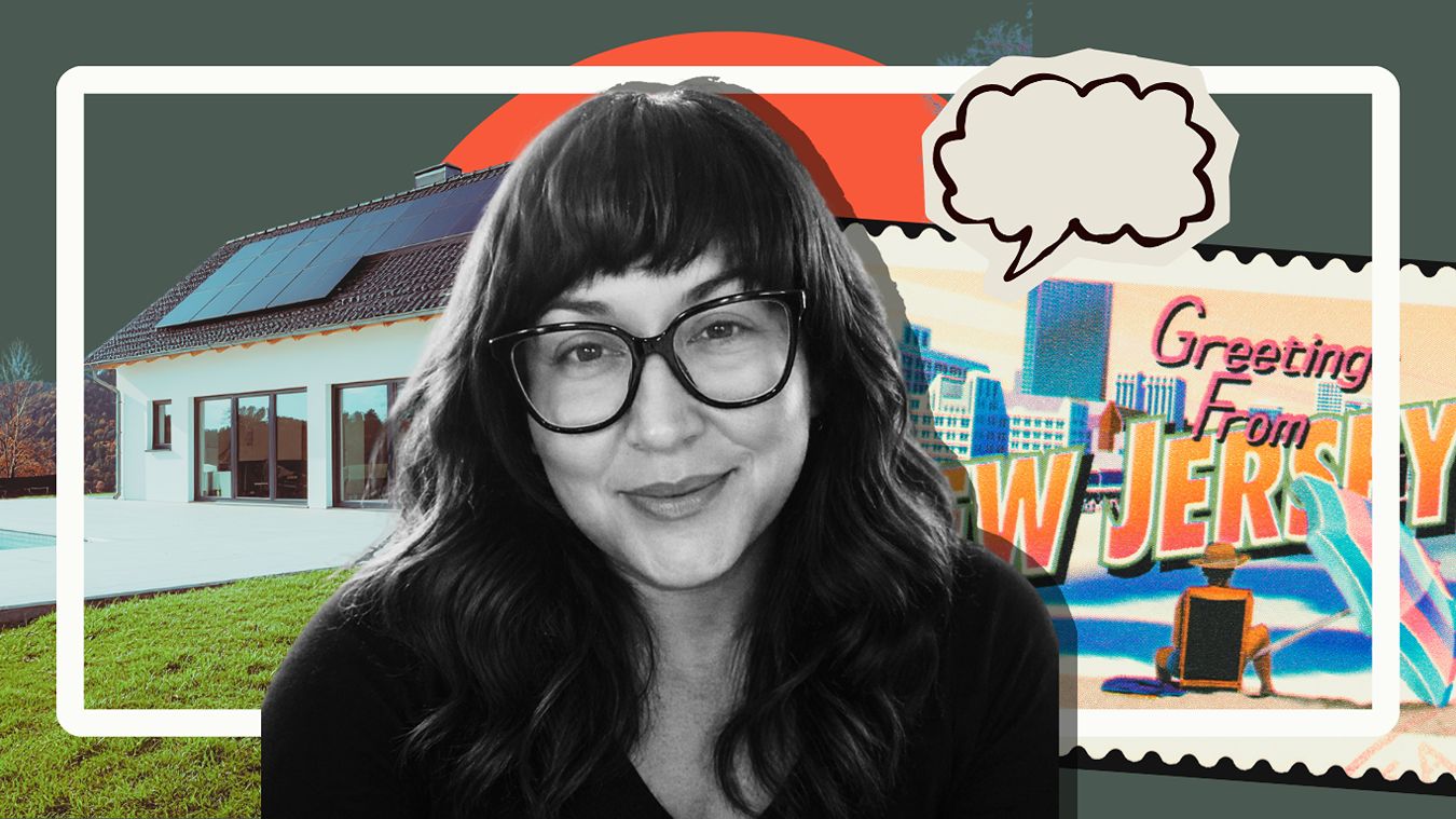 A digital collage featuring DeLena, rooftop solar panels, and a postcard from New Jersey.