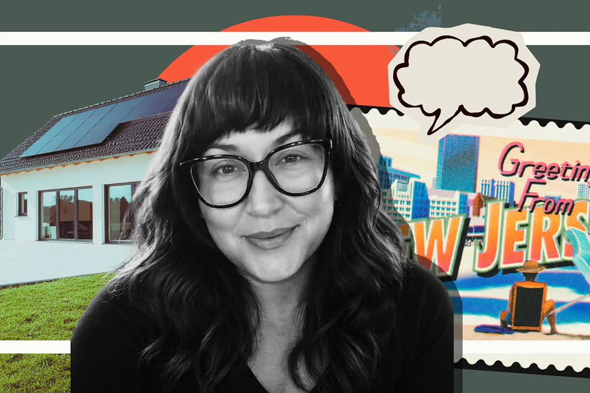 A digital collage featuring DeLena, rooftop solar panels, and a postcard from New Jersey.