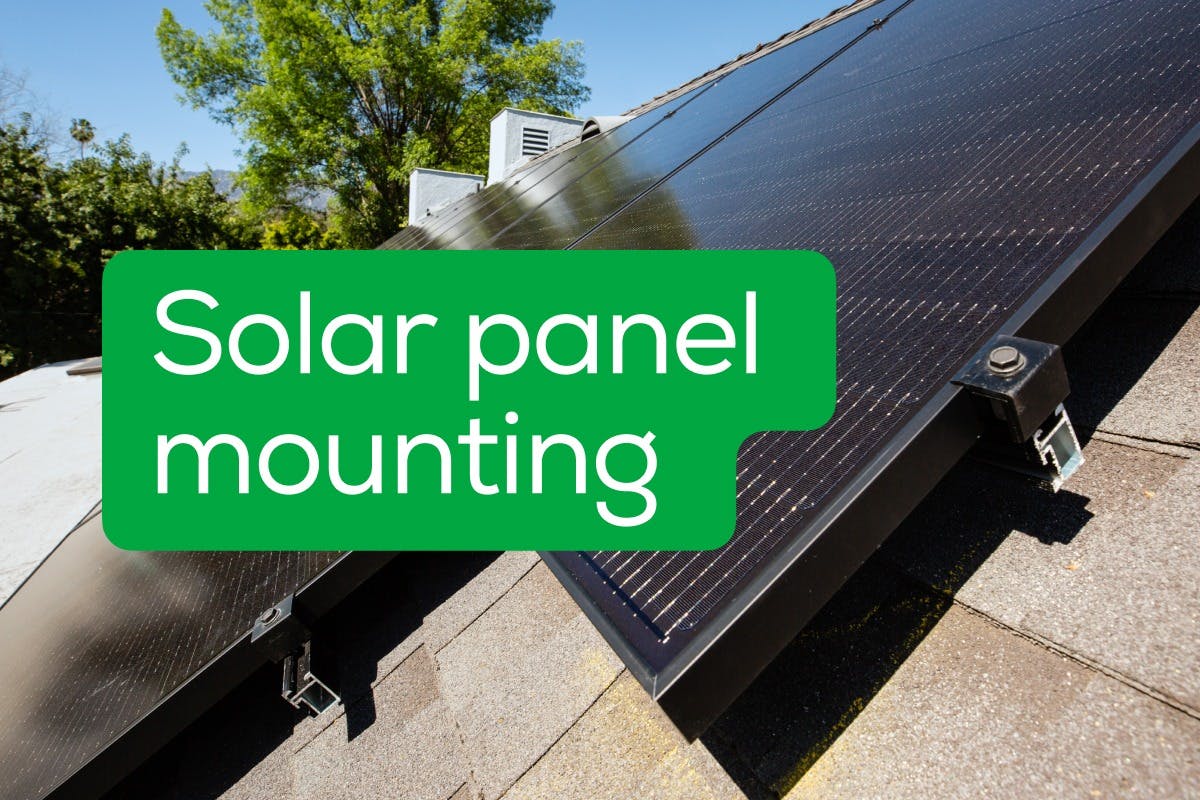 The words "Solar Panel Mounting" over an image of solar panels installed on a roof, representing the most common racking and mounting systems used by today’s solar industry professionals, and how to choose the right solar mounting system for your home.
