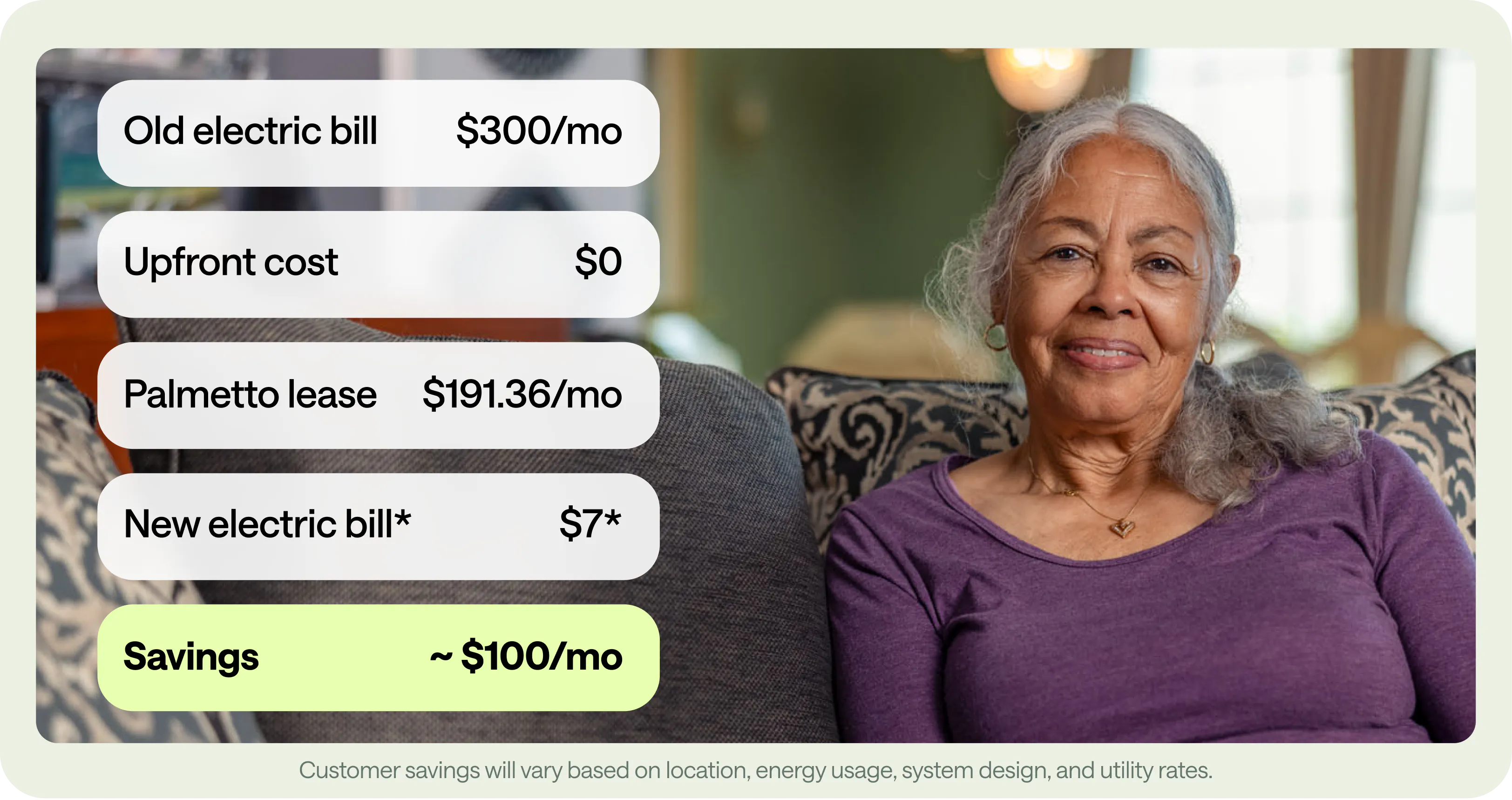 A breakdown of first month savings for Geraldine, who is pictured next to the numbers.