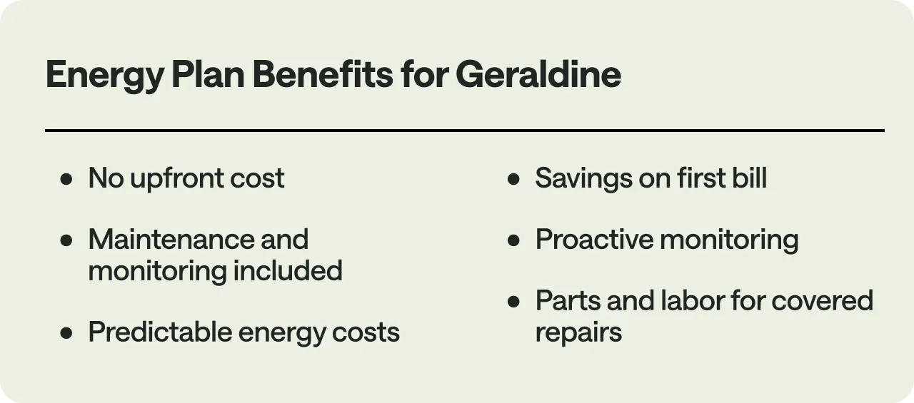 A bulleted list of six benefits Geraldine found with Palmetto Energy Plan.