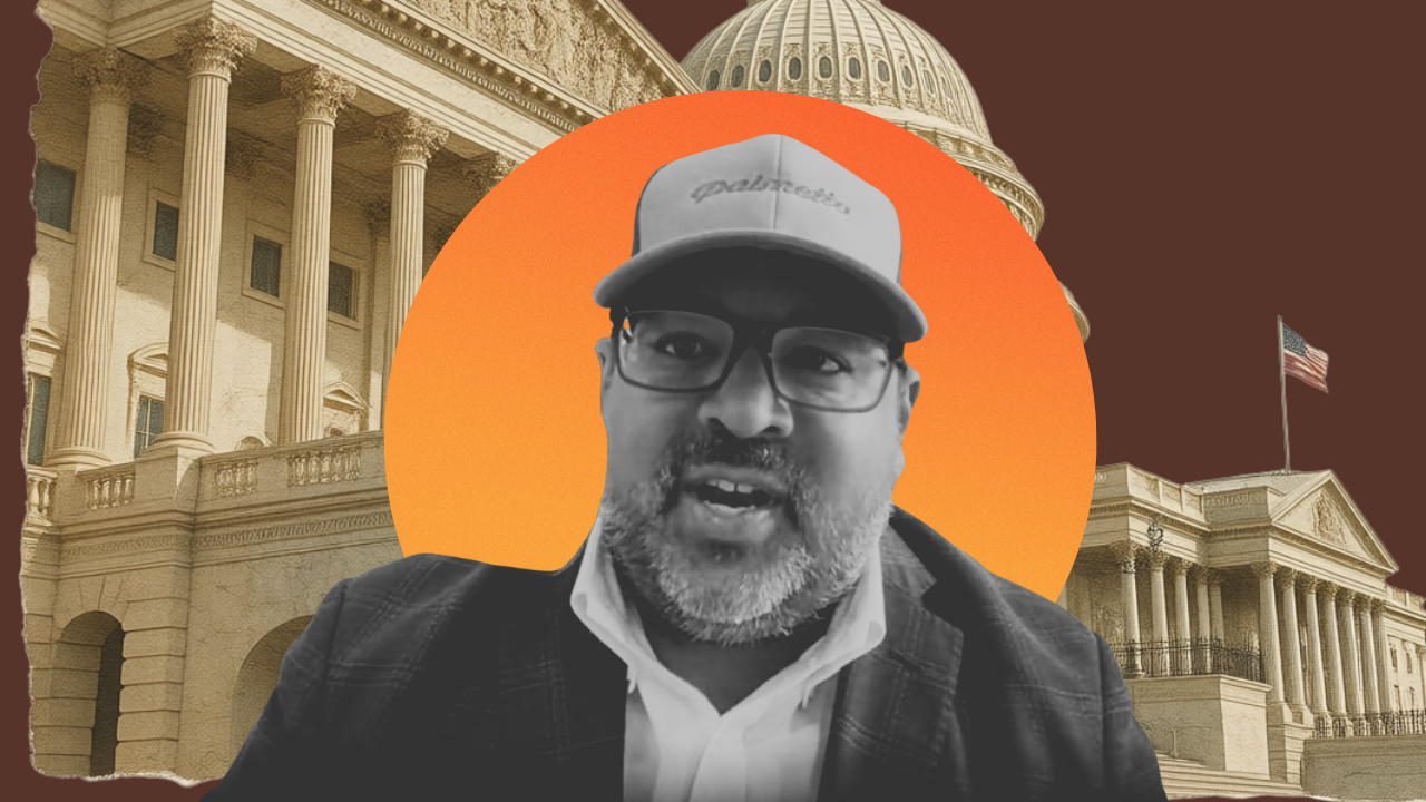 A digital collage showing Neil Chatterjee, the US Capitol, and the US Supreme Court Building.