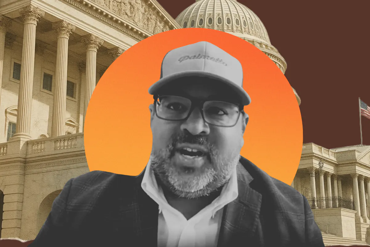A digital collage showing Neil Chatterjee, the US Capitol, and the US Supreme Court Building.