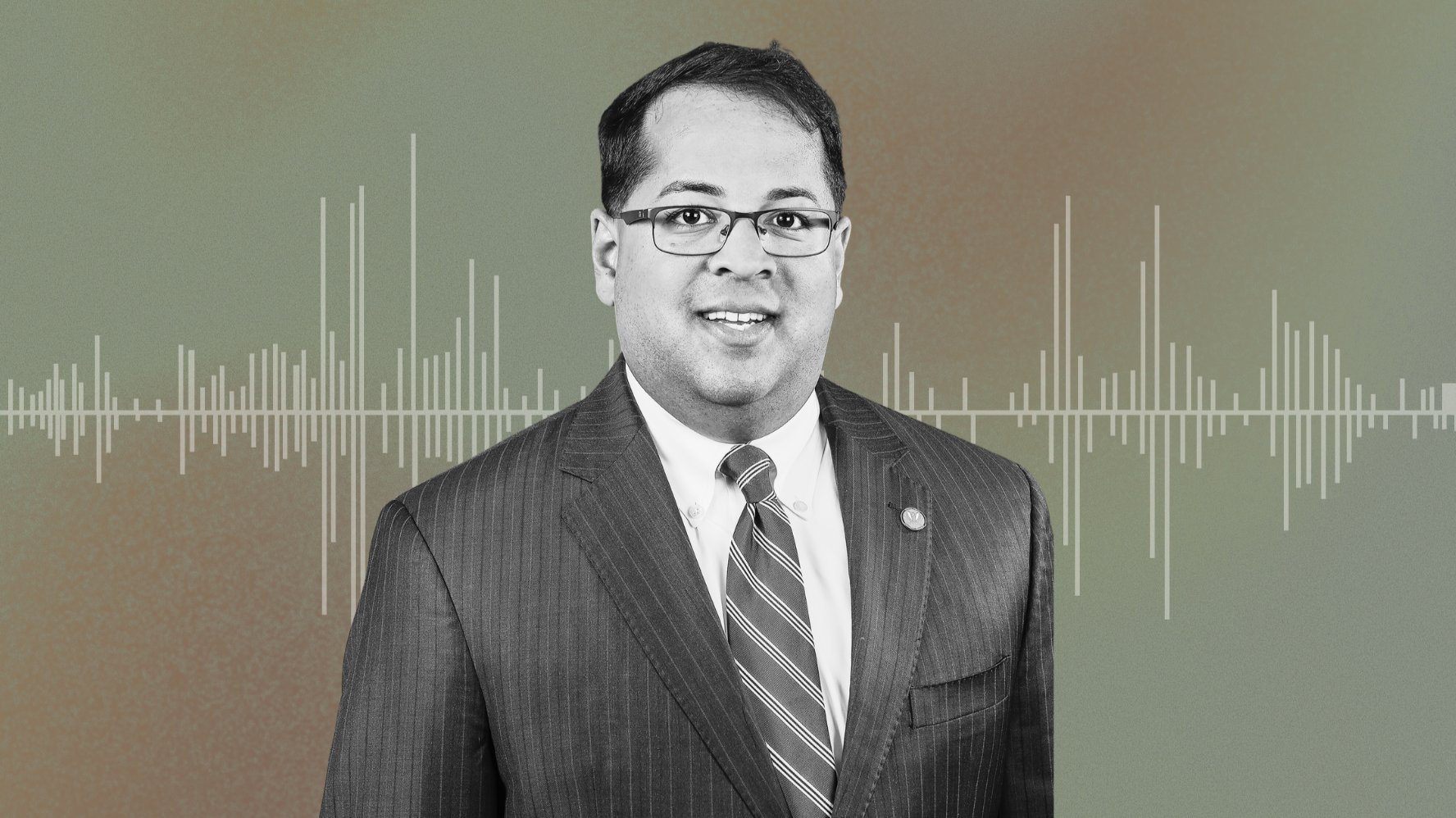 Neil Chatterjee's headshot and audio waves.