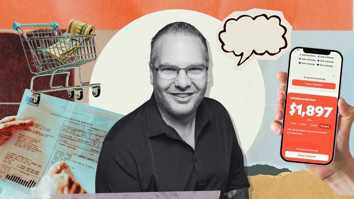 A digital collage showing Loren Padelford, an energy bill, the consumer-facing Palmetto app, and a shopping cart.