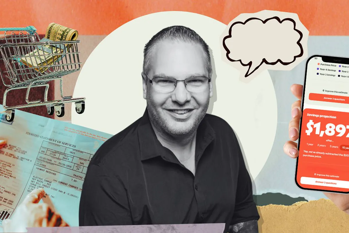 A digital collage showing Loren Padelford, an energy bill, the consumer-facing Palmetto app, and a shopping cart.