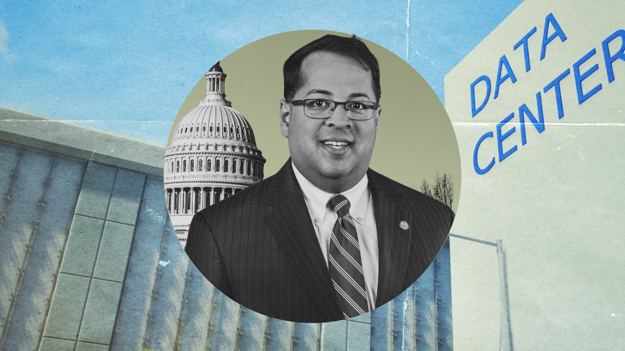 A digital collage showing Neil Chatterjee and data center buildings.