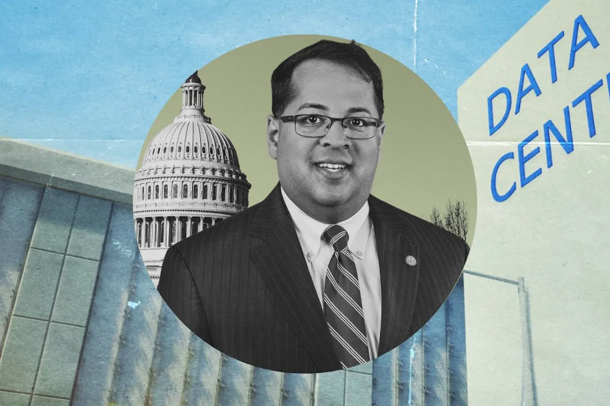 A digital collage showing Neil Chatterjee and data center buildings.