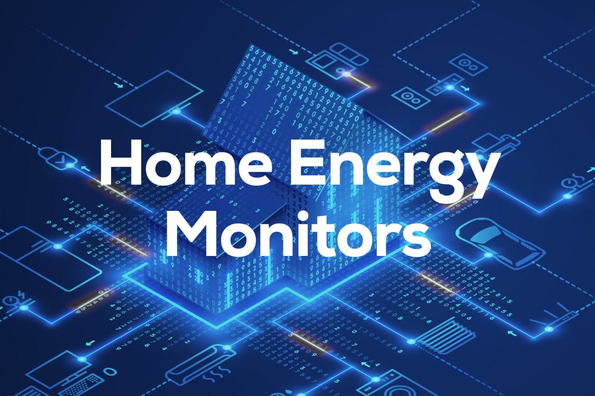 A blue house made of numbers and an electricity flow diagram, with the words "Home Energy Monitors" over top, representing how energy monitoring systems can provide more visibility into a home’s energy management, production, and consumption.