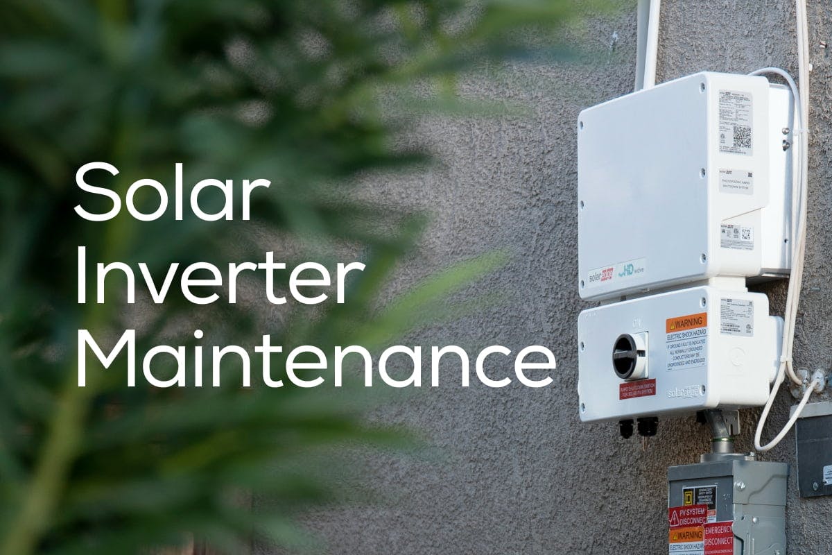 A solar inverter mounted on the side of a home, converting solar energy into electricity, with the words "Solar Inverter Maintenance" on the left side of the image.