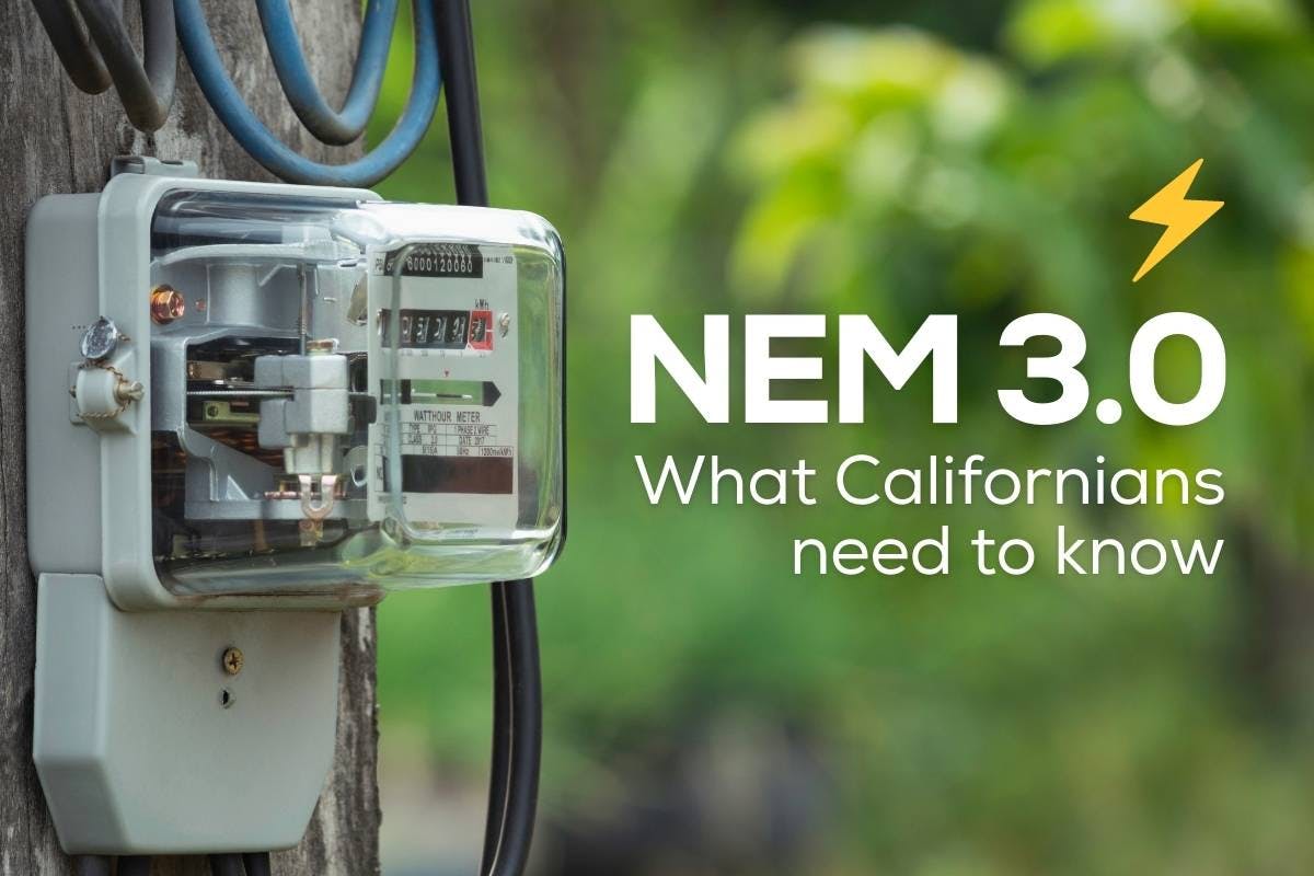 An electric meter alongside styled text that says "NEM 3.0: What Californians need to know"