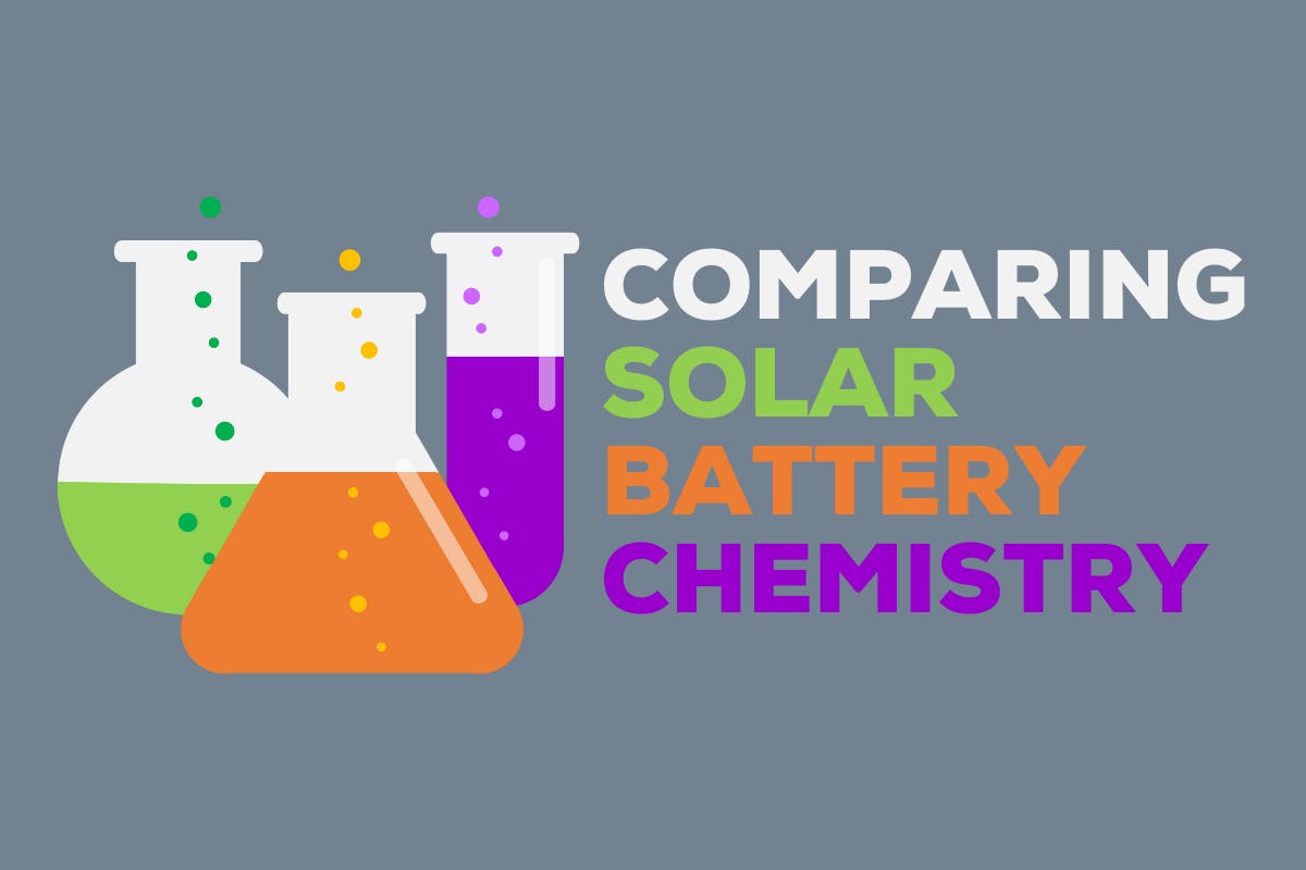 Three chemistry flasks in green, orange, and purple with the words "Comparing Solar Battery Chemistry" in matching colors.