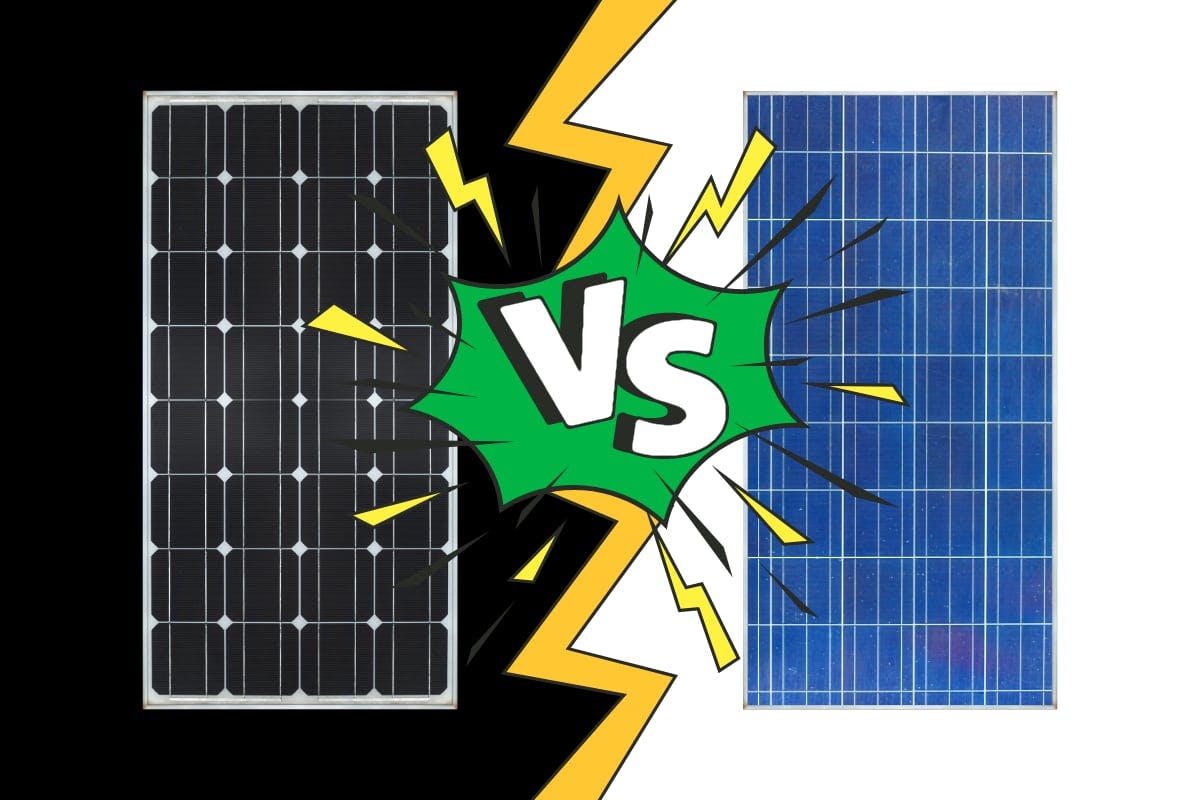 A black monocrystalline solar panel on the left, and a blue polycrystalline solar panel on the right, separated by VS on a green sunburst.