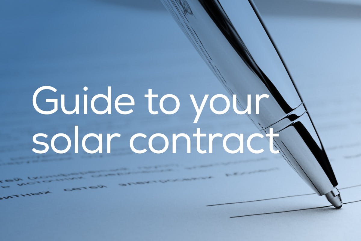 The words "Guide To Your Solar Contract" over an image of a ballpoint pen signing an agreement to add solar panels to a home for clean energy.