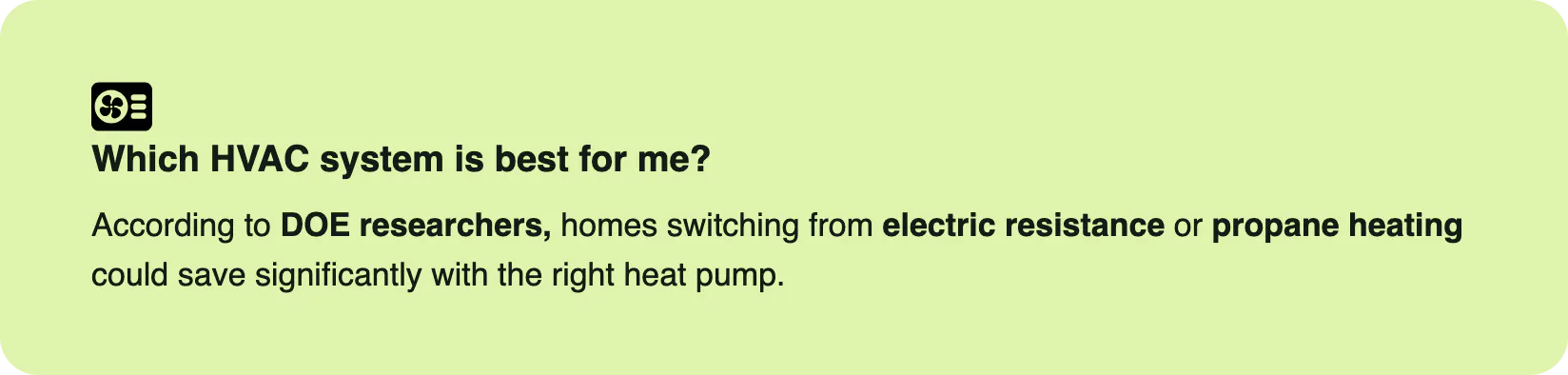 A callout box stating that switching to a heat pump from propane or electric resistance heating can deliver significant savings.