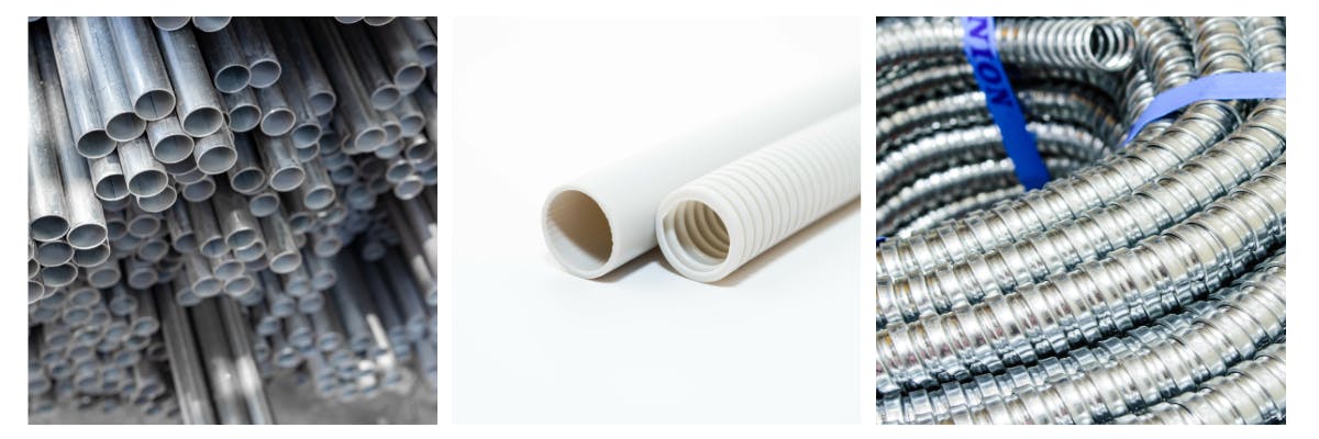 Three examples of electrical conduit, from left to right: rigid metal, PVC, and flexible conduit.