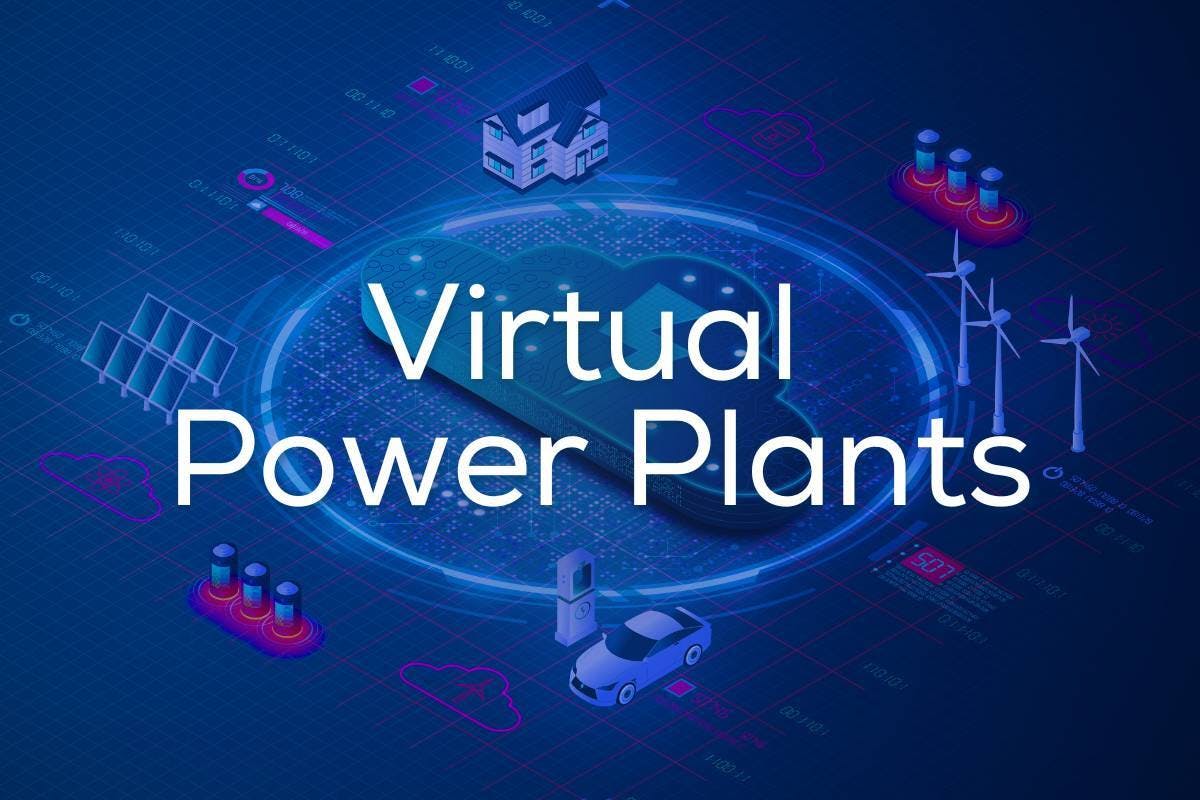 The words "Virtual Power Plants" over an image of various forms of power and energy generation and consumption, including solar power, wind power, electric vehicles, and the grid, representing what Virtual Power Plants (VPPs) are, how virtual power plants work, the benefits of VPPs, and the difference between a virtual power plant and a microgrid.
