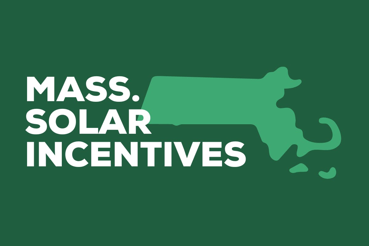 The words "Mass. Solar Incentives" on a green background with an outline of the state silhouette of Massachusetts, representing the tax credits and solar rebates that are available for MA homeowners.