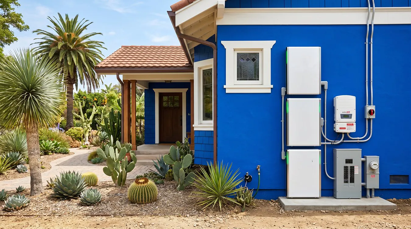 A battery on the outside of a blue house near palm trees.