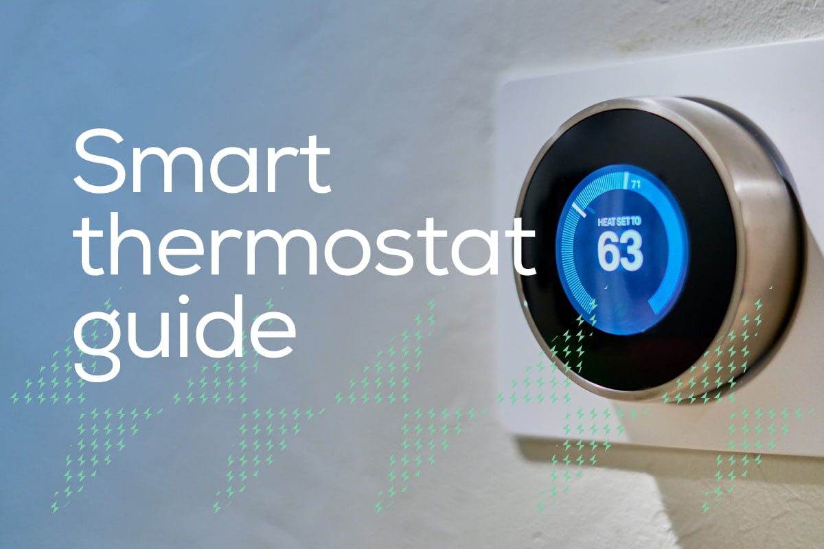 A smart thermostat with a blue and black screen is on the right-hand side of the image, while the words "Smart Thermostat Guide" are on the left-hand side.