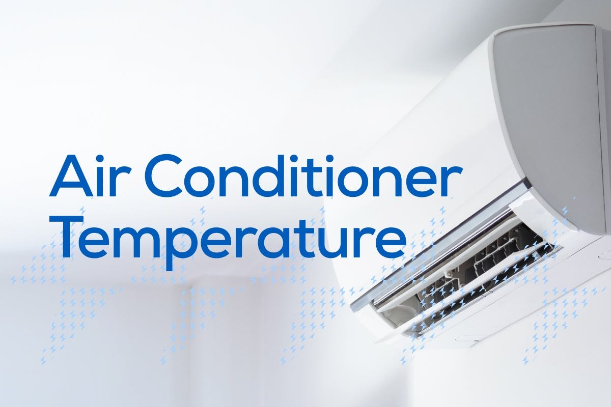 The words "Air Conditioner Temperature" over an image of a mini split AC unit, representing the ideal summer air conditioner temperature and settings to use to save money, help the environment, and combat global warming.