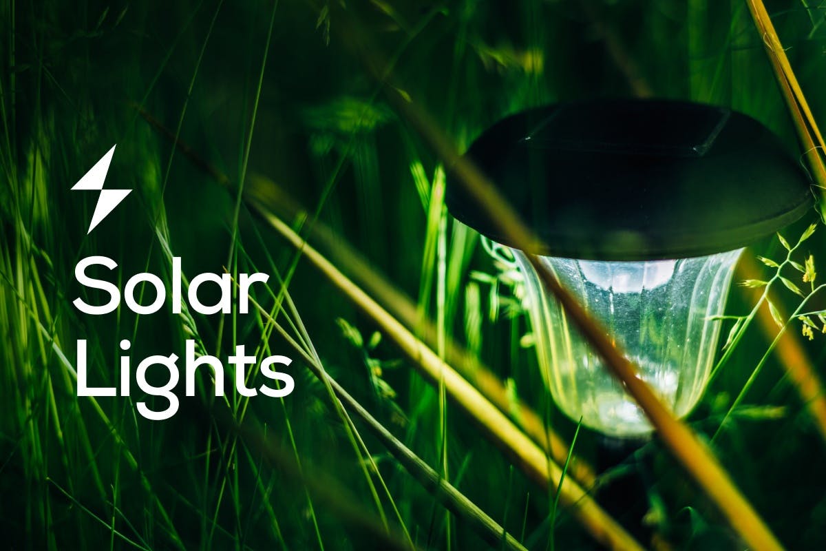 The words "Solar Lights" over an image of a solar-powered landscape light with an LED bulb, representing how solar lights work, the benefits of solar LED lighting, and different styles of outdoor solar lights.