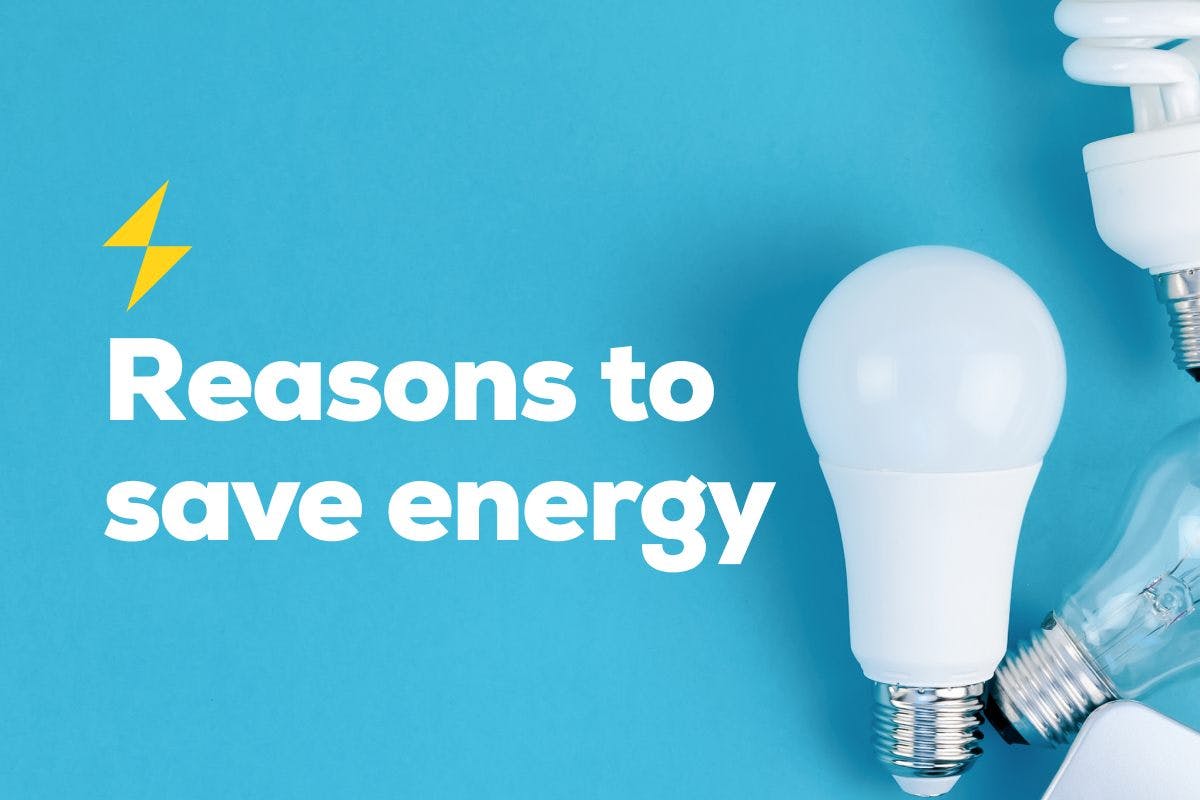 The words "Reasons To Save Energy" over an image of LED, CFL, and traditional light bulbs, representing easy ways to save money when you conserve energy, and the relationship between energy conservation and clean energy.