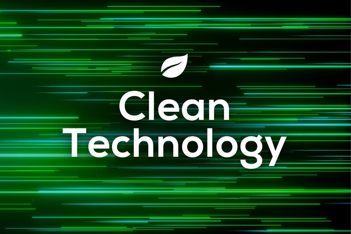The words "Clean Technology" over a futuristic-looking background, representing how clean technology or “cleantech” is helping to reduce the effects of climate change and build a more sustainable future.