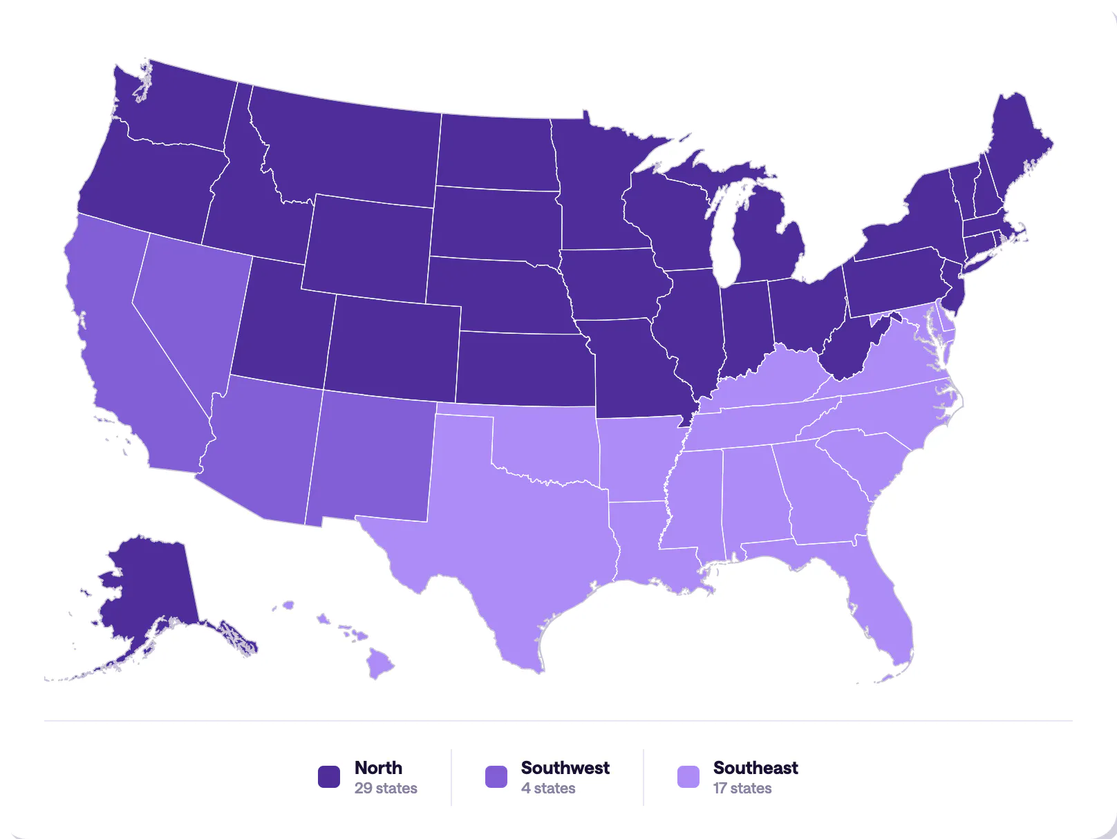 A map showing the three SEER2 regions in the United States.