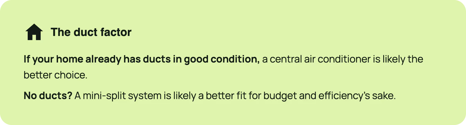 A callout box highlighting the importance of existing ductwork to deciding between central or mini-split HVAC systems.