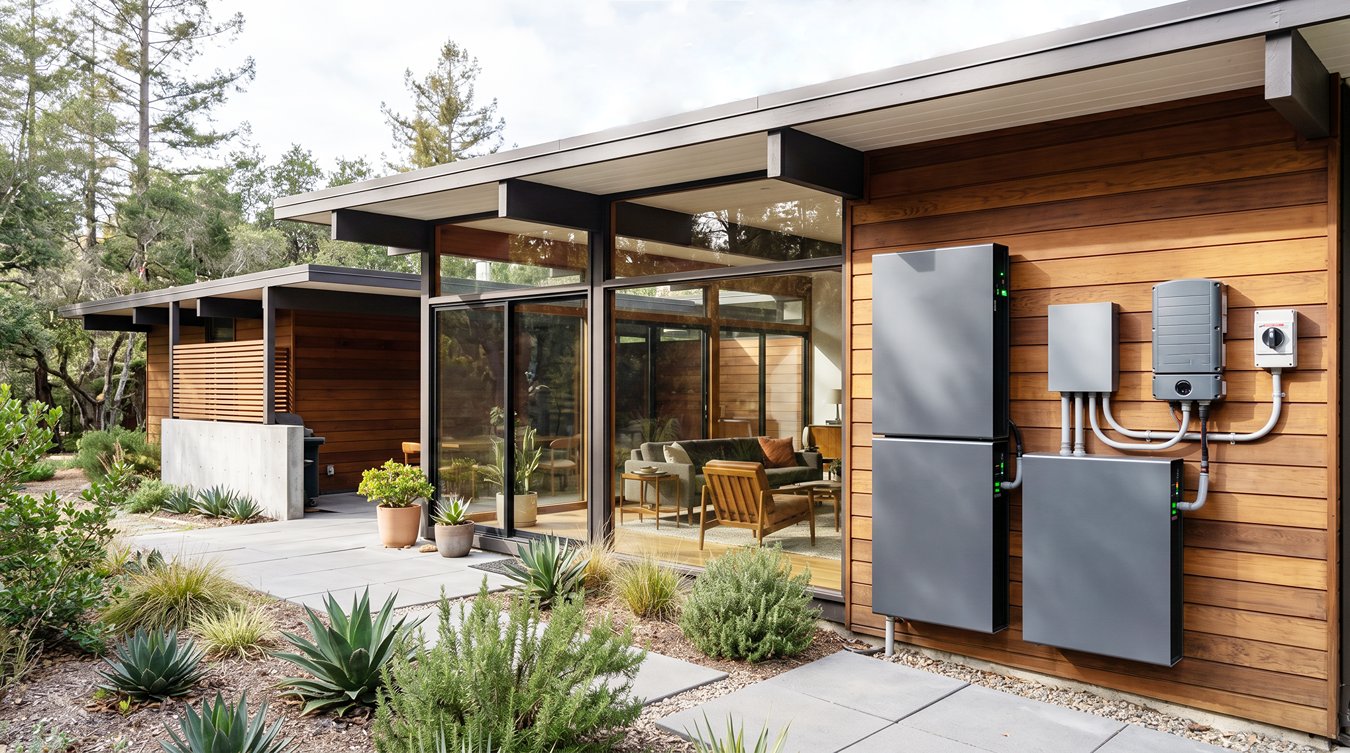 A backup battery installed on a wooden, modern house.