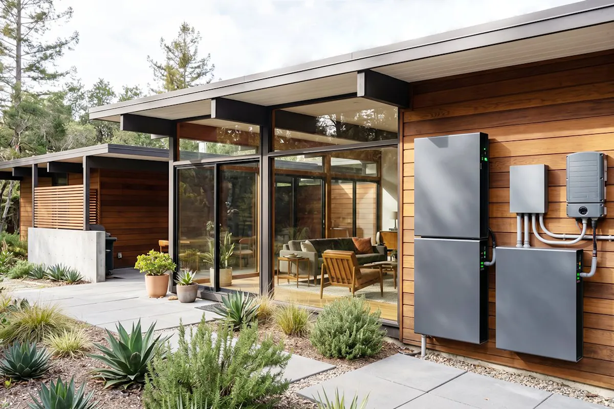 A backup battery installed on a wooden, modern house.